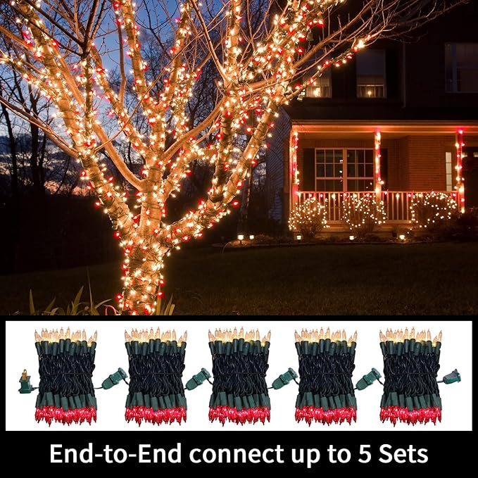 LAMPHOME Super-Bright Extendable Red Christmas Lights Decoration 100Lights 19.6ft UL Certified Mini Bulb String Lights for Outdoor Christmas Tree Garden Party Patio Wedding Garland Decor(Red+Clear)