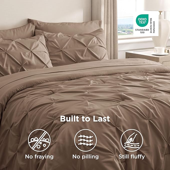 Bedsure California King Comforter Set Brown - Bed in a Bag Cal King Bedding Set 7 Pieces, GentleSoft™ Pintuck Bed Set Gift for Family, Pinch Pleat Brown Comforter with Sheets, Pillowcases & Shams
