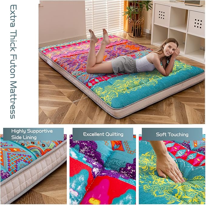MAXYOYO Full Size Futon Floor Mattress Shikibuton Sleeping Mats for Adults, Floor Futon with High-Density Foam, Portable Mattress for Living Room, Guest Room, Bohemian B