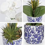 Briful Orchid Artificial Flowers 19.6in White Orchid Silk Floral Arrangement with Blue and White Ceramic Pot Fake Orchid Plant for Home Office Dining Room Table Centerpiece Decor