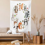 Lunarable Woodland Tapestry, Animals of The Forest Mushrooms Acorns Circular Frame Cartoon Pastel Colors, Wall Hanging for Bedroom Living Room Dorm Decor, 60" X 80", Multicolor