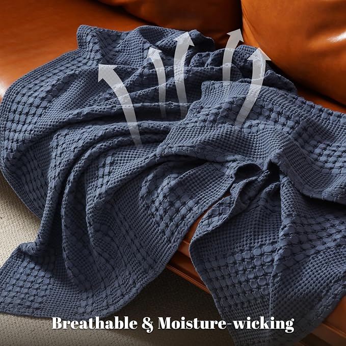 PHF 100% Cotton Waffle Weave Throw Blanket, Soft Lightweight Breathable Cozy Throws for Couch Bed Sofa, Luxury Aesthetic Woven Blanket for Home Decor & Office, 50"x60", Indigo