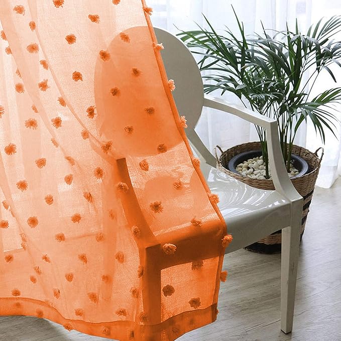 MYSKY HOME Pom Pom Orange Sheer Curtains for Bedroom Girls Room Curtains 84 Inches Long for Nursery Kids Light Filtering Boho Window Drapes, Rod Pocket, 52" Wide, 2 Panels