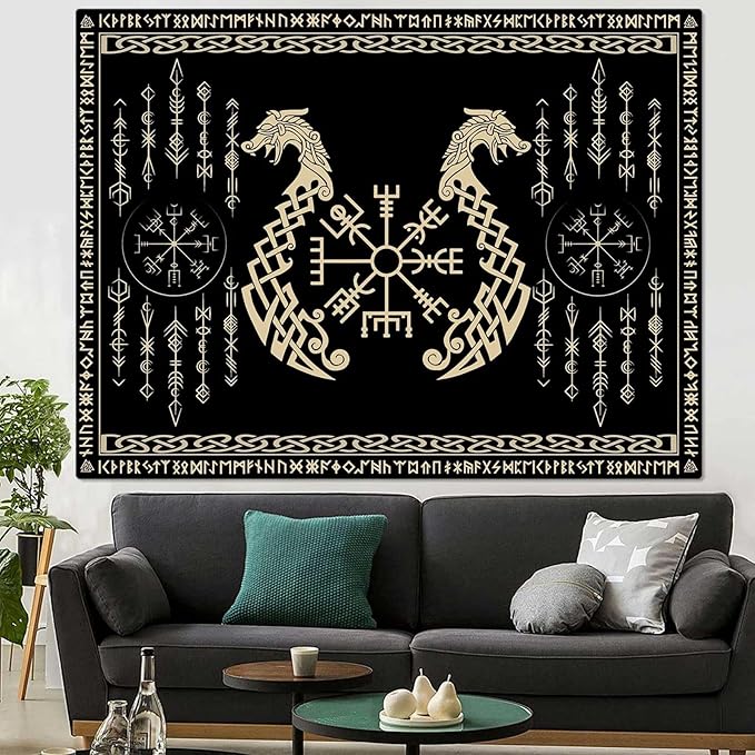 OSUNBD Nordic Vikings Tapestry, Small 6040 inches Soft Flannel, Vegvsir Symbol Twins Dragons Celtic Rune Scandinavian Aesthetic Mythology Tapestry Wall Hanging for Bedroom Living Room Decor