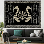 OSUNBD Nordic Vikings Tapestry, Large 9371 inches Soft Flannel, Vegvsir Symbol Twins Dragons Celtic Rune Scandinavian Aesthetic Mythology Tapestry Wall Hanging for Bedroom Living Room Decor