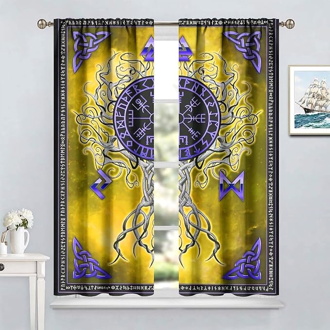 Viking Blackout Curtains Scandinavian Pirate Totem Mythology Golden Tree of Life Printed Curtain Bedroom and Living Room Decoration Blackout Curtains W63 * L63 Inch