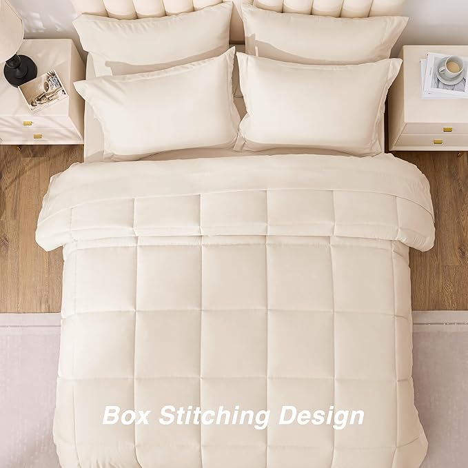 Love's cabin Full Comforter Set Beige, 7 Pieces Full Bed in a Bag, All Season Bedding Sets with 1 Comforter, 1 Flat Sheet, 1 Fitted Sheet, 2 Pillowcase and 2 Pillow Sham