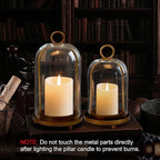 Glass Hurricane Candle Holder Decorative Gold Candle Lantern, Pillar Candlestick Holders Set of 2, Hanging Metal Holder Modern Table Centerpieces, Antique Brass