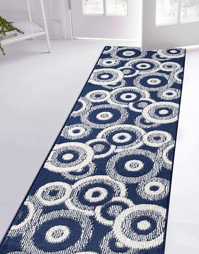 Custom Length Cut to Size Retro Modern Coastal Carpet Runner Rug for Hallways, Non Slip Rubber Backed, 31 inch Wide X Customized Length, Geo Blue, 31 inch X 27 feet