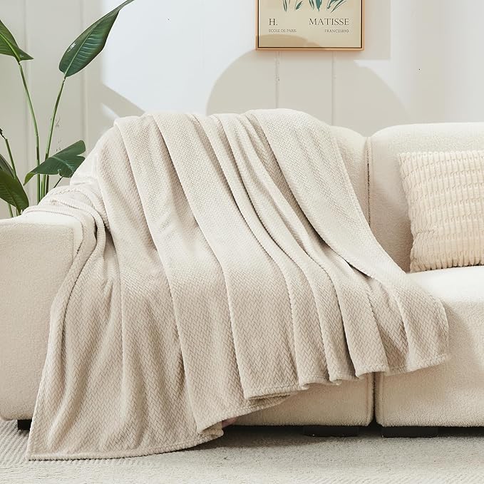 NEWCOSPLAY Super Soft Twin Blanket Linen Premium Silky Flannel Fleece Leaves Pattern Lightweight Bed Blanket All Season Use (Linen, Twin(60"x80"))