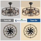 DLLT Caged Ceiling Fan with Lights: 26" Bladeless Fandelier with Light and Remote - Walnut Industrial Chandelier Fan Light for Bedroom Living Dining Room Kitchen