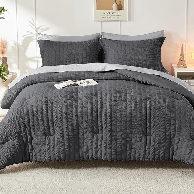 HYMOKEGE Dark Grey/Light Grey Full Size Comforter Sets Seersucker 7 Pieces, All Season Luxury Bed in a Bag for Bedroom, Bedding Set with Comforter, Sheets, Pillowcases & Shams