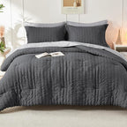 HYMOKEGE Dark Grey/Light Grey Twin Comforter Set Seersucker 5 Pieces, All Season Luxury Bed in a Bag for Bedroom, Bedding Set with Comforter, Sheets, Pillowcase & Sham