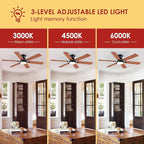 Ceiling Fans with Lights- 52" Low Profile Indoor Ceiling Fan with Light and Remote/APP Control, Flush Mount, 6 Blade, LED Dimmable DC Reversible Modern Ceiling Fan for Bedroom（Brown）