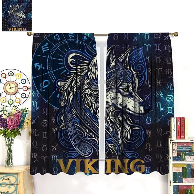 Viking Wolf Curtains Blue Rune Nordic Gothic Animal Curtains Dark Ancient Totem Mythological Pattern Printed Curtains Boys Bedroom Living Room Decoration Blackout Curtains W42 * L45 Inch