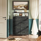 WLIVE Fabric Dresser for Bedroom with Open Shelves, Tall Dresser with 8 Drawers, Storage Tower with Fabric Bins, Chest of Drawers for Closet, Living Room, Hallway, Charcoal Black Wood Grain Print