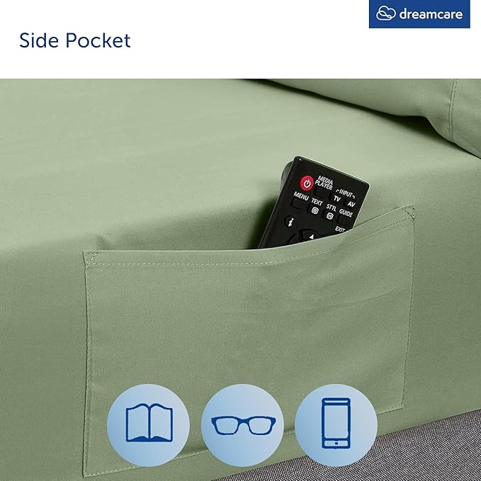 DREAMCARE King Size Sheets Set - Cooling Bed Sheets - 4pcs Set - up to 15" Deep Pocket King Sheet Set – Soft & Long Lasting Cooling - 100% Fine Brushed Microfiber with Side Pocket - Sage Green
