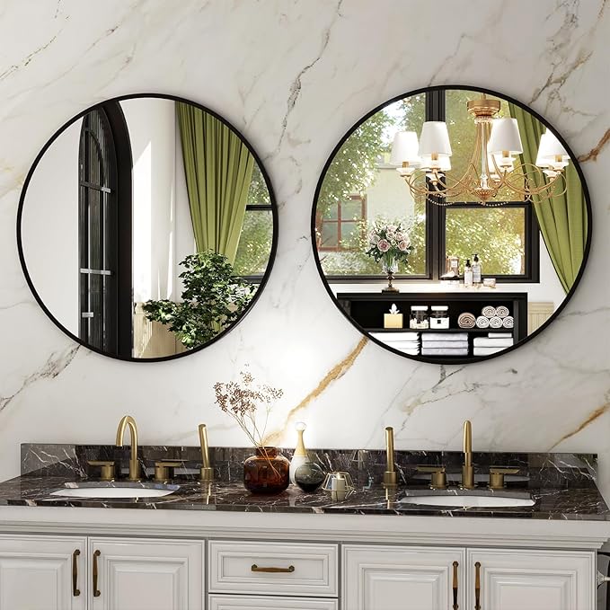 HARRITPURE Round Mirror 18 Black Wall Mounted Circle Mirrors Vanity Mirror with Brushed Aluminum Alloy Frame Modern Decoration for Bathroom, Living Room, Vanity, Bedroom, Entryway