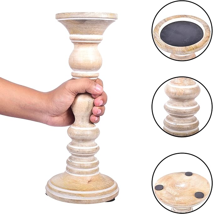 Mela Artisans Wooden Pillar Candle Holders | Willow Design | Set of 3 Mango Wood Candlesticks | Whitewash | Sizes 6" & 9" &12" | Table Decor | Centerpiece | Mantel | Wedding | Living Room Decor