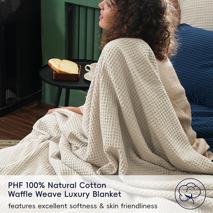 PHF 100% Cotton Waffle Weave Throw Blanket，Pre-Washed Snag Proof Lightweight Breathable Moisture-Wicking for Layering in Cold Weather for Couch Bed,Machine Washable,Home Decor Gift-Linen