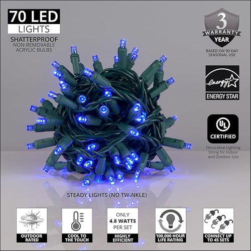 5mm LED Wide Angle Blue Prelamped Light Set, Green Wire - 70 5mm Blue LED Christmas Lights, 4" Spacing