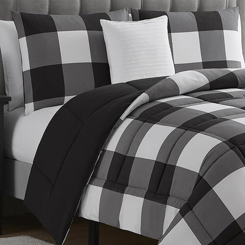 7 Piece Comforter Set Bag Solid Color All Season Soft Down Alternative Blanket & Luxurious Microfiber Bed Sheets, King, Buffalo Plaid Black/White