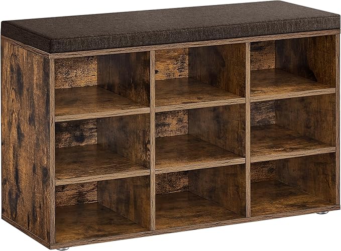 VASAGLE CUSTOS Collection - Shoe Bench, Storage Bench with Padded Seat, Entryway Bench with 9 Compartments, for Bedroom, 11.9 x 30.9 x 18.9 Inches, Rustic Brown and Chestnut Brown ULHS009B01