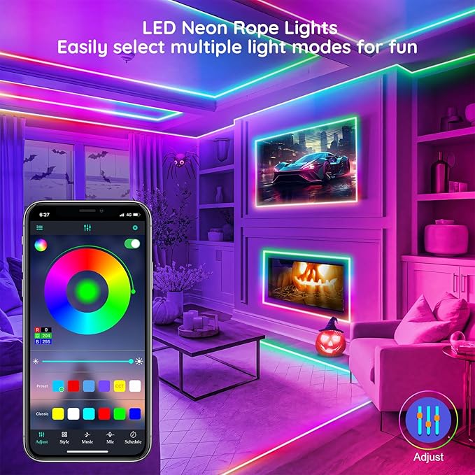 150Ft Led Rope Lights, Flexible Neon Lights Control with App/Remote, Multiple Modes, IP65 Outdoor RGB Waterproof, Music Sync Gaming Light Strip for Bedroom Decor
