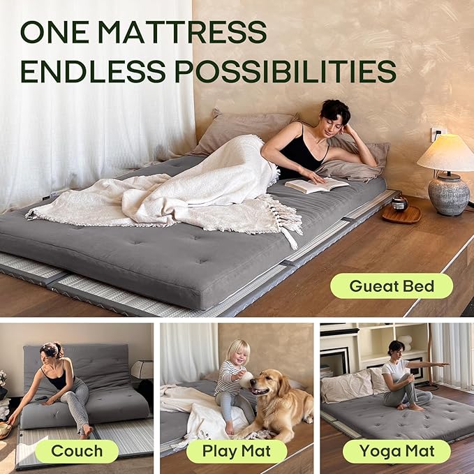 ZonLi Japanese Floor Futon Mattress Twin Size 75"x 39", 100% Cotton Cover 4'' Thicken Tatami Mattress, Foldable Sleeping Pad, Portable Dormitory Tatami Mat, Roll Up Floor Lounger Bed for Adult (Grey)