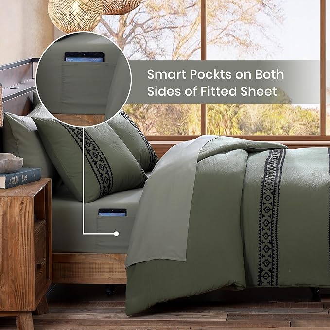 MaiRêve Olive Green Embroidery Comforters Set Queen Size - 7 Pieces, Farmhouse Western Bedding All Season Bed in A Bag Queen, Boho Comforter Set with Sheets, Pillowcases & Shams