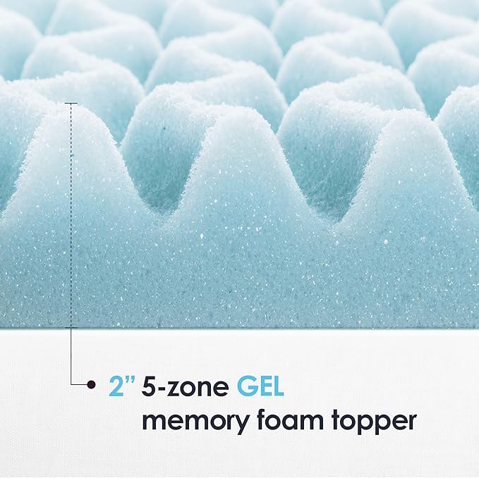 Mellow 2 Inch 5-Zone Memory Foam Mattress Topper, Cooling Gel Infusion, Dorm Essentials, King Blue