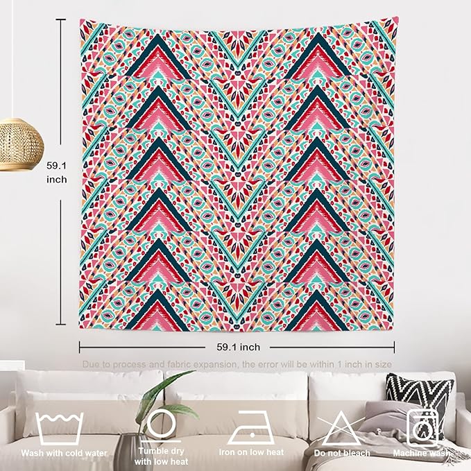 Batmerry Modern Stripe Geometric Tapestry,Boho Tribal ethnic Seamless striped Wall Art Hanging Decoration Polyester Fiber White Ruffled Around for Dorm Room Bedroom Living Room, 59.1x59.1 inches