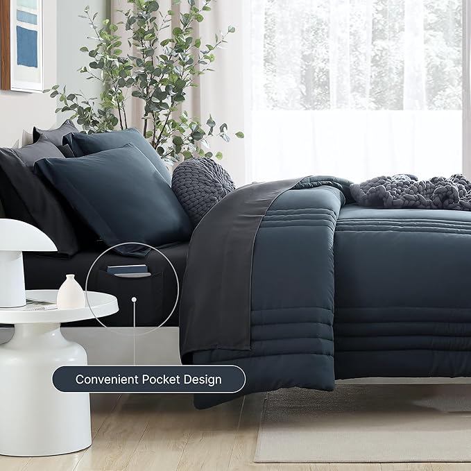 Monbix Full Size Comforter Set - 7 Pieces Blue Grey Bed in a Bag Full Size Bedding Sets with Comforters, All Seasons Comforter with Sheets,Pillowcases & Shams