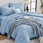 HEVUMYI Light Blue Queen Comforter Set - 7-Piece All Season Bed in a Bag Queen, Ultra Soft Bedding Set with Comforter, Flat Sheet, Fitted Sheet, Pillowcases, Pillow Shams