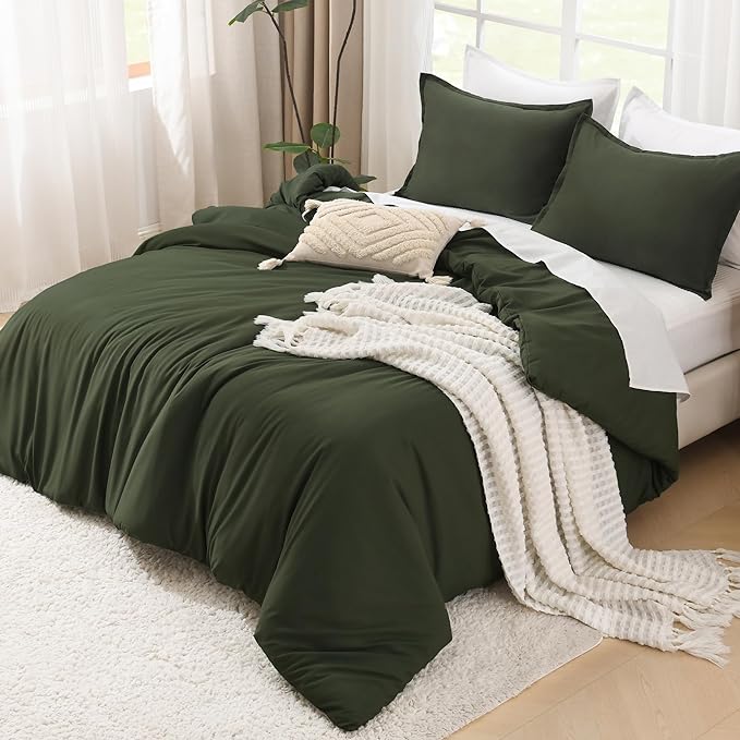 Litanika Dark Olive Green Comforter Set Full, 3 Pieces Solid Bedding Comforter Set, All Season Fluffy Bed Set (79x90In Comforter & 2 Pillowcases)