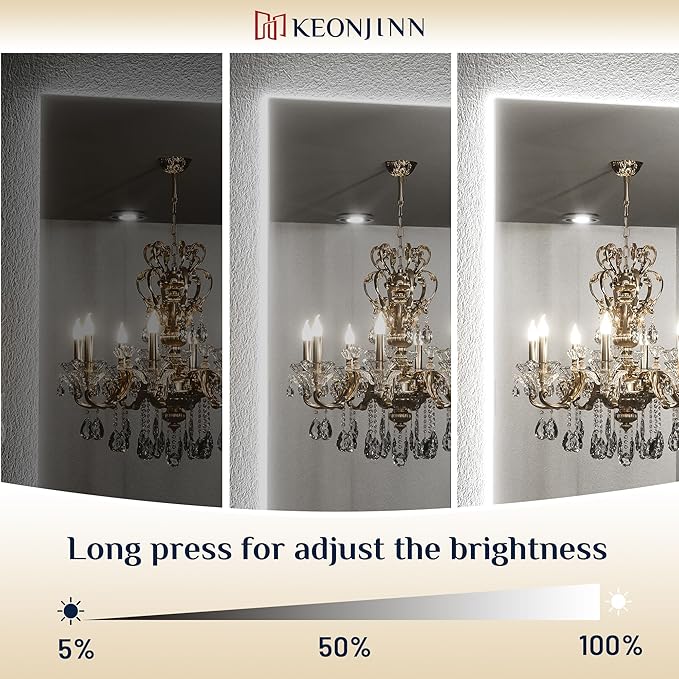 Keonjinn Backlit Mirror Bathroom 30” x 36”, Anti-Fog Mirror with Lights, CRI90+ HD Tempered Glass, Waterproof, UL Listed, Stepless Dimmable Vanity Mirror with High Lumen