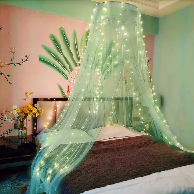 Eimilaly Lace Bed Canopy Mosquito Netting, Princess Bed Canopy for Girls Room Decor, Green/Single Door