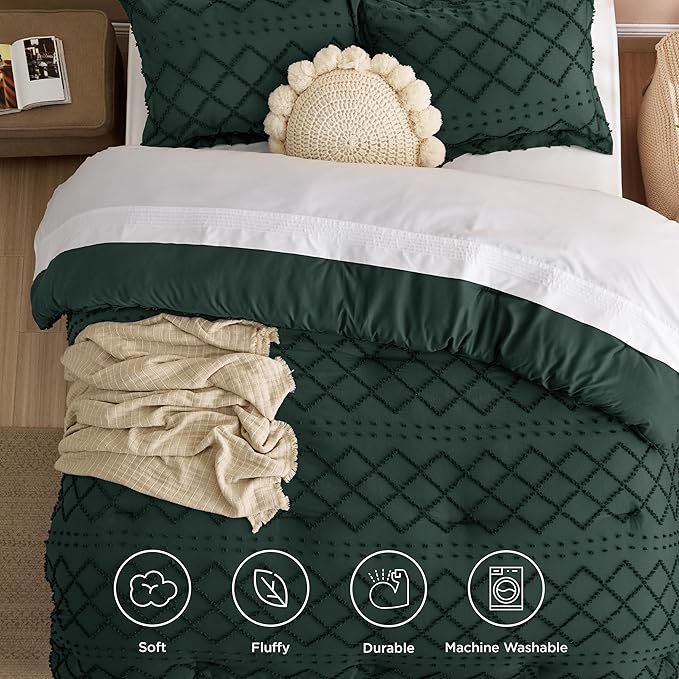 Bedsure Full Comforter Set - Forest Green Comforter, Boho Tufted Shabby Chic Bedding for Kids, 3 Pieces Vintage Farmhouse Bed Set for All Seasons, Fluffy Soft Bedding with 2 Pillow Shams