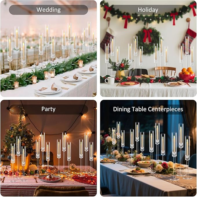 Vincidern 12pcs Taper Candle Holder Acrylic Candlestick Holder Clear Set for Table Centerpiece, Long Candle Stick Candle Stand Cylinder Shade for Halloween, Christmas Wedding Party Dining Room Decor