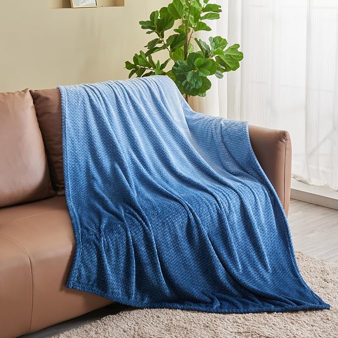 NEWCOSPLAY Super Soft Twin Blanket Ombre Blue Premium Silky Flannel Fleece Leaves Pattern Lightweight Bed Blanket All Season Use (Ombre Blue, Twin(60"x80"))