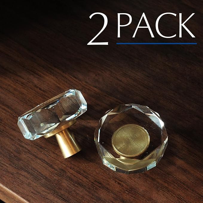 JEREVER 2 Pack Glass Crystal Knobs Brass Drawer Pull Cabinet Handle Gold Furniture Hardware for Dresser Kitchen (Polygon)