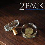 JEREVER 2 Pack Glass Crystal Knobs Brass Drawer Pull Cabinet Handle Gold Furniture Hardware for Dresser Kitchen (Polygon)