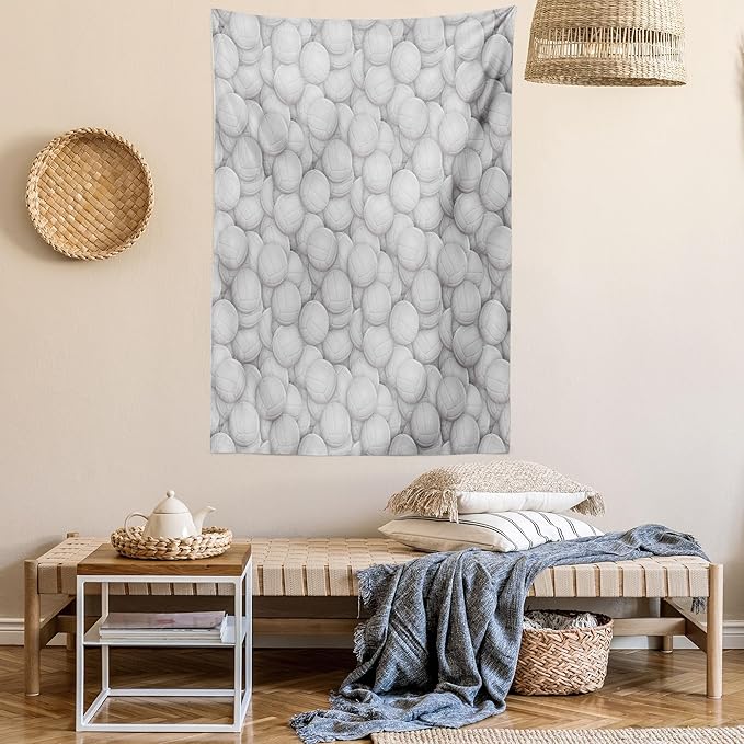 Lunarable Volleyball Tapestry Twin Size, 3 Dimensional White Balls Sports Equipment Digital Composition Team Event, Wall Hanging Bedspread Bed Cover Wall Decor, Twin Size, Grey