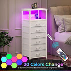 Seventable Night Stand with Charging Station, Tall Nightstand with 6 Fabric Storage Drawers, Side Table with LED Light for Bedroom, Entryway, White
