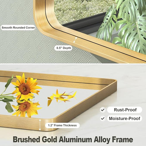 30x36 Gold Framed Bathroom Mirror, Brushed Gold Metal Vanity Mirror, Gold Rectangle Mirror for Wall, Rounded Corner, Tempered Glass, Anti-Rust, Shatterproof, Hangs Horizontally or Vertically