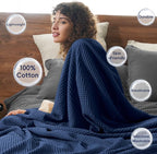 PHF 100% Cotton Waffle Weave Throw Blanket，Pre-Washed Snag Proof Lightweight Breathable Moisture-Wicking Layering in Cold Weather for Couch Bed,Machine Washable,Home Decor Gift-Navy Blue/Bright Blue