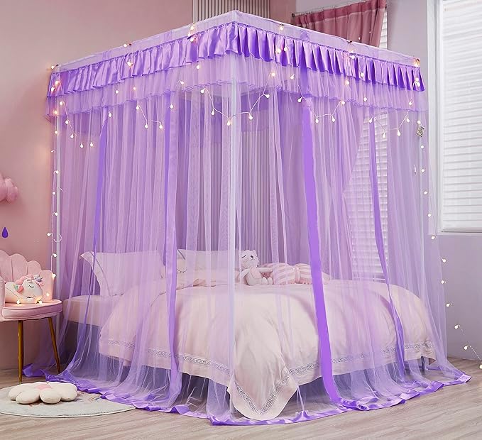 Mengersi Bed Canopy for Girls,Canopy Bed Curtains Canopy for Bed Drapes,Princess Bed Curtains Birthday Present Girls Room Decor,Purple