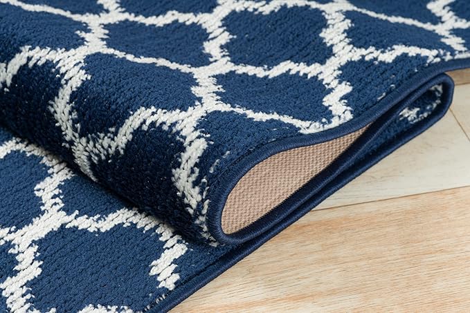 Custom Size Cut to Length Moroccan Trellis Design Runner Rug Mat For Wide Long Hallways with Non-Slip Rubber Backing, Better Traction for Pets, Prevent Slippage, Trellis Navy Blue, 31 inch X 19 feet