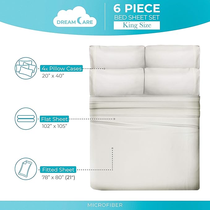 DREAMCARE King Size Sheets Set – 6 pcs Cooling Bed Sheets – up to 21” Deep Pocket King Sheet Set – 2500 Supreme Collection – Extra Soft 100% Brushed Microfiber Hotel Luxury with Side Pocket – Ivory