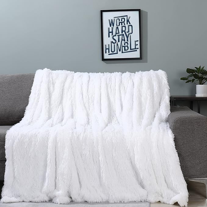 Tuddrom Decorative Extra Soft Faux Fur Blanket Twin Size 70" x 78",Solid Reversible Fuzzy Long Hair Shaggy Blanket,Fluffy Plush Fleece Comfy Microfiber Throw Blanket for Couch Sofa Bed,Pure White